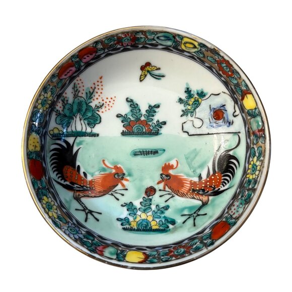 Vintage Hand-Painted Porcelain Bowl With Rooster Design Decorated In Hong Kong - Picture 2 of 7